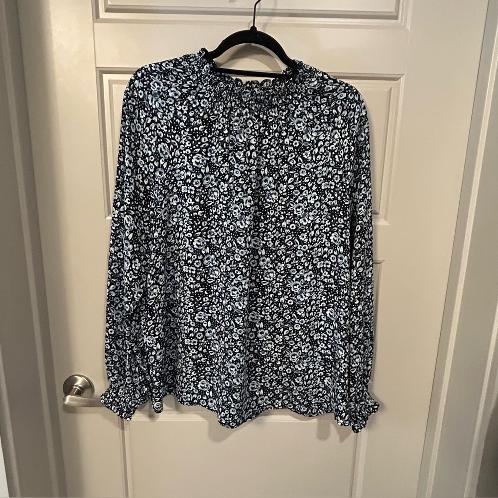 LOFT Blue and White Ruffled Blouse with Mandarin Collar